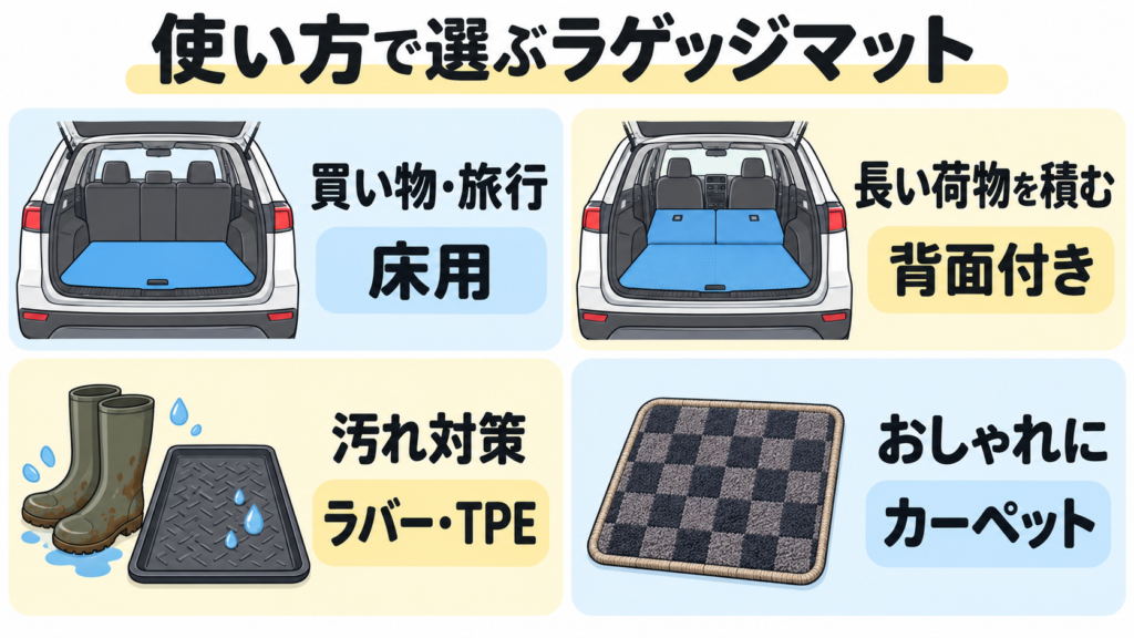買い物や旅行には床用、長い荷物には背面付き、汚れ対策にはラバーやTPE、おしゃれにはカーペットという選び方の図解