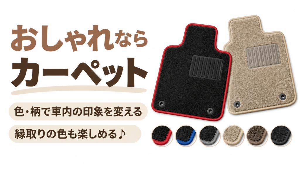 カーペットタイプのフロアマット。色や柄で車内の印象を変え、縁取りの色も楽しめる。
